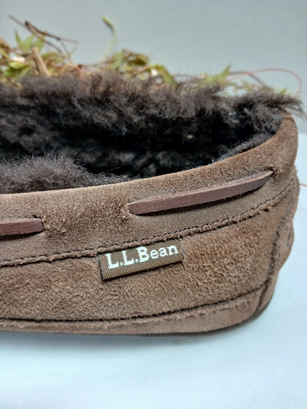 L.L. Bean Brown Suede Moccasin Slip-On Slippers with Faux Fur Lining